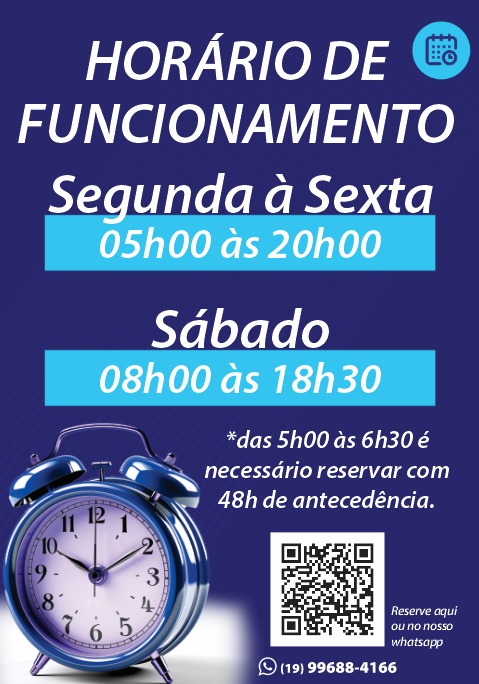 Horário de funcionamento LAVAIH. Segunda a sexta: 05h00 às 20h00. Sábado: 08h00 às 18h30. Das 5h00 às 6h30 é necessário reservar com 48h de antecedência. Reserve pelo site ou pelo WhatsApp (19) 99688-4166.